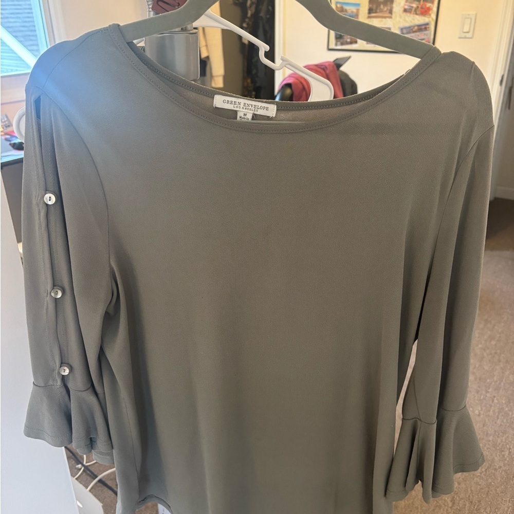Green Envelope Olive Blouse with Button Sleeve Detail